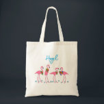 Flamingos Name Template Bridesmaid Gift Tote Bag<br><div class="desc">Fun flamingos tote bag with personalization on one side only.  Add her name in modern light blue script beneath a group of pink flamingos and blue starfish.  Tropical themed bag would make the perfect gift for a bridesmaid for a coastal wedding.</div>