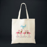 Flamingos Name Template Bridesmaid Gift Tote Bag<br><div class="desc">Fun flamingos tote bag with personalization on one side only.  Add her name in modern light blue script beneath a group of pink flamingos and blue starfish.  Tropical themed bag would make the perfect gift for a bridesmaid for a coastal wedding.</div>