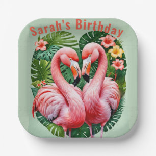 flamingos necks pink heart tropical custom paper plates