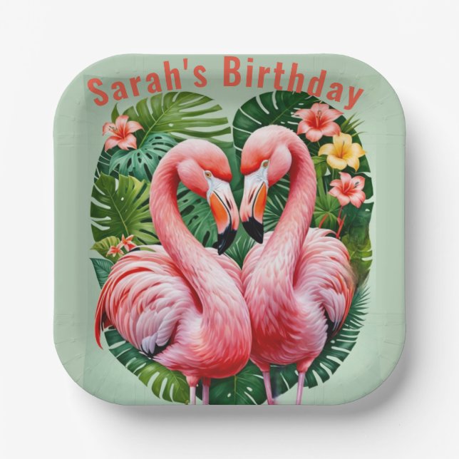 flamingos necks pink heart tropical custom paper plates (Front)