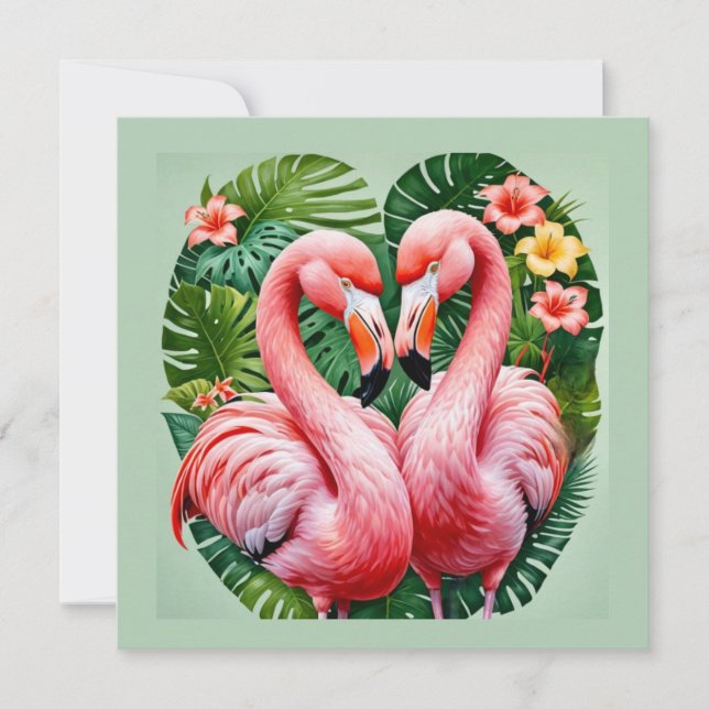 flamingos necks pink heart tropical love flamingo  invitation (Front)
