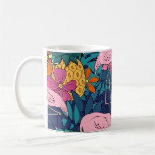 Flamingos on a background of tropical leaves and f coffee mug