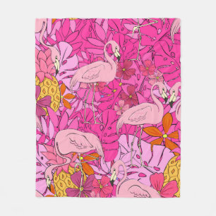 Flamingos on a background of tropical leaves and f fleece blanket