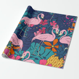 Flamingos on a background of tropical leaves and f wrapping paper