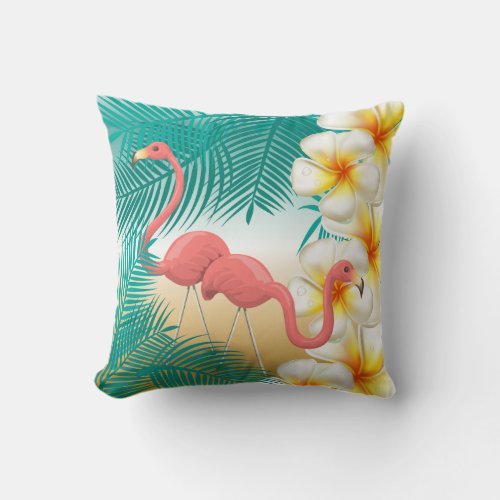 Flamingos on a Teal Tropical Beach Design Throw Pillow