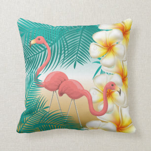 Flamingos on a Teal Tropical Beach Design Throw Pillow