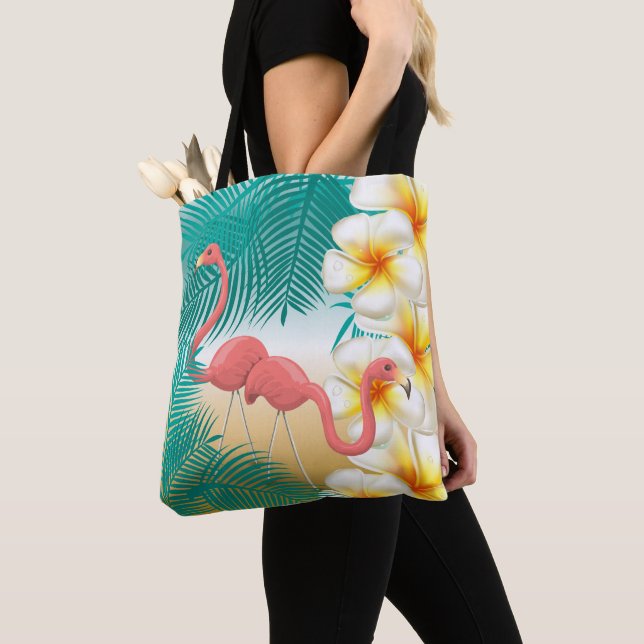 Flamingos on a Teal Tropical Beach Design Tote Bag (Close Up)