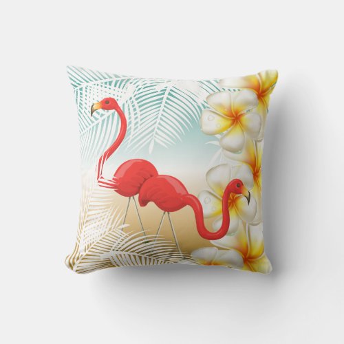 Flamingos on a Tropical Beach Design Throw Pillow