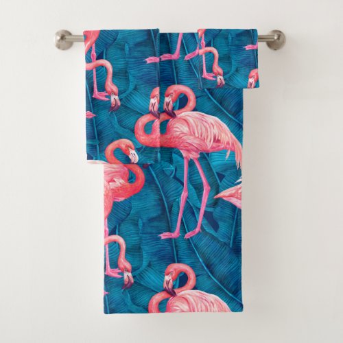 Flamingos on blue banana leaves bath towel set