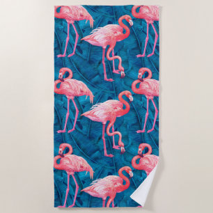 Flamingos on blue banana leaves beach towel