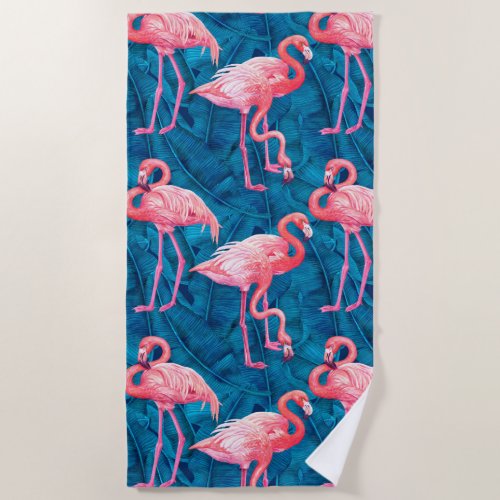 Flamingos on blue banana leaves beach towel