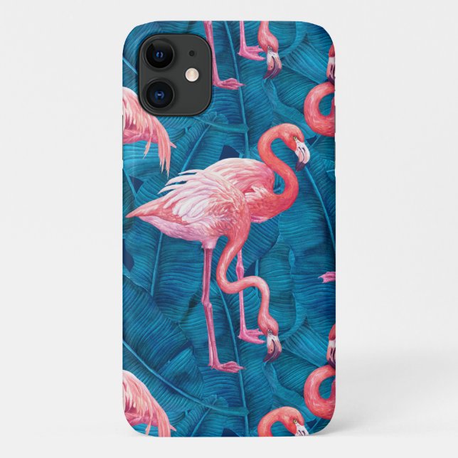 Flamingos on blue banana leaves Case-Mate iPhone case (Back)