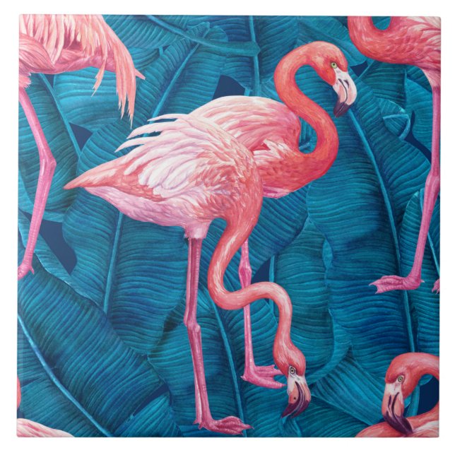 Flamingos on blue banana leaves ceramic tile (Front)