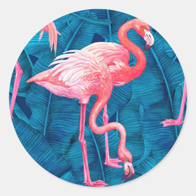 Flamingos on blue banana leaves classic round sticker (Front)