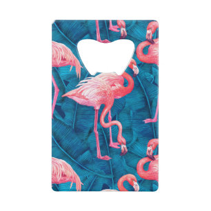 Flamingos on blue banana leaves credit card bottle opener