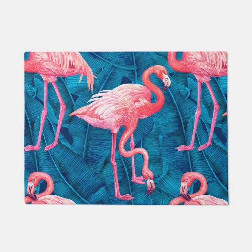 Flamingos on blue banana leaves doormat