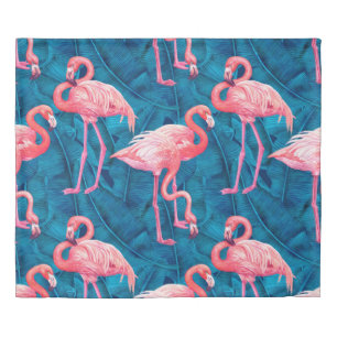 Flamingos on blue banana leaves duvet cover