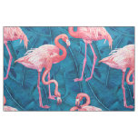 Flamingos on blue banana leaves fabric