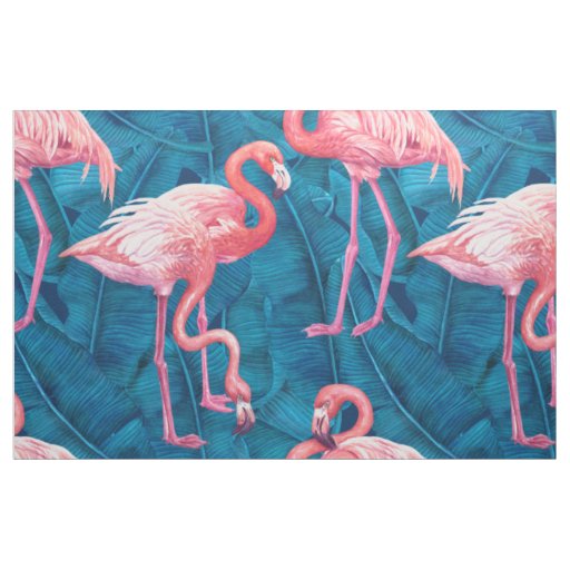 Flamingos on blue banana leaves fabric