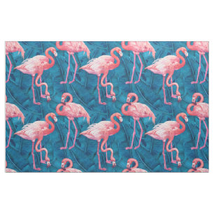 Flamingos on blue banana leaves fabric