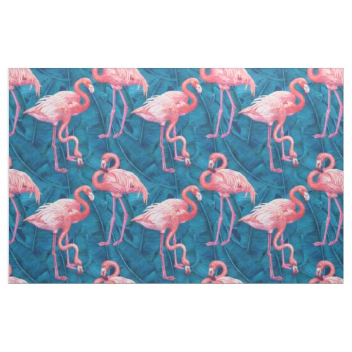 Flamingos on blue banana leaves fabric