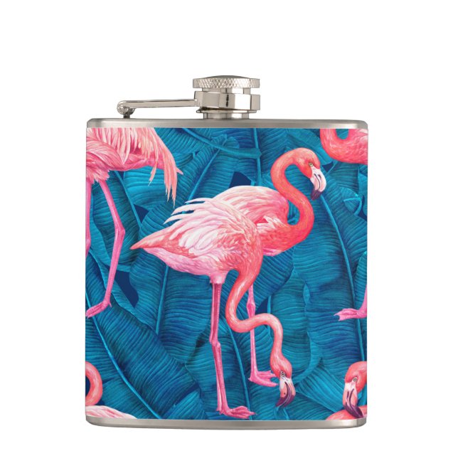 Flamingos on blue banana leaves flask (Front)