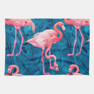 Flamingos on blue banana leaves kitchen towel