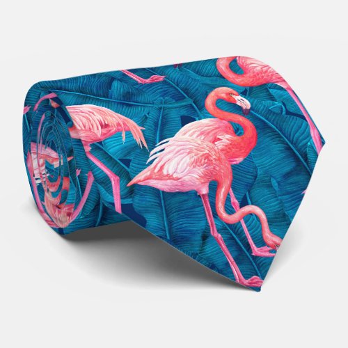 Flamingos on blue banana leaves neck tie