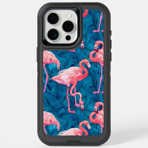 Flamingos on blue banana leaves iPhone 15 pro max case