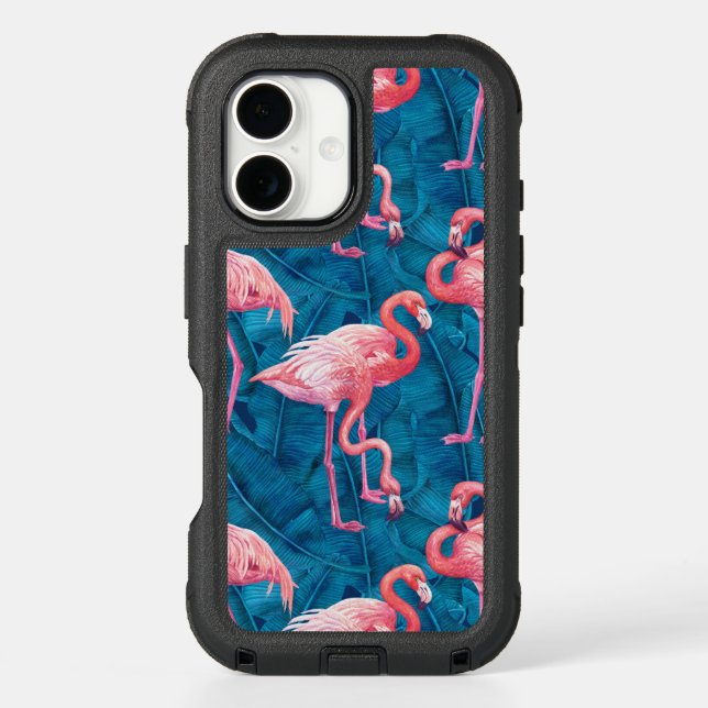 Flamingos on blue banana leaves otterbox iPhone case (Back)