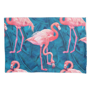 Flamingos on blue banana leaves pillow case