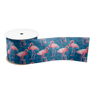 Flamingos on blue banana leaves satin ribbon