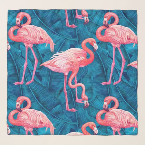 Flamingos on blue banana leaves scarf