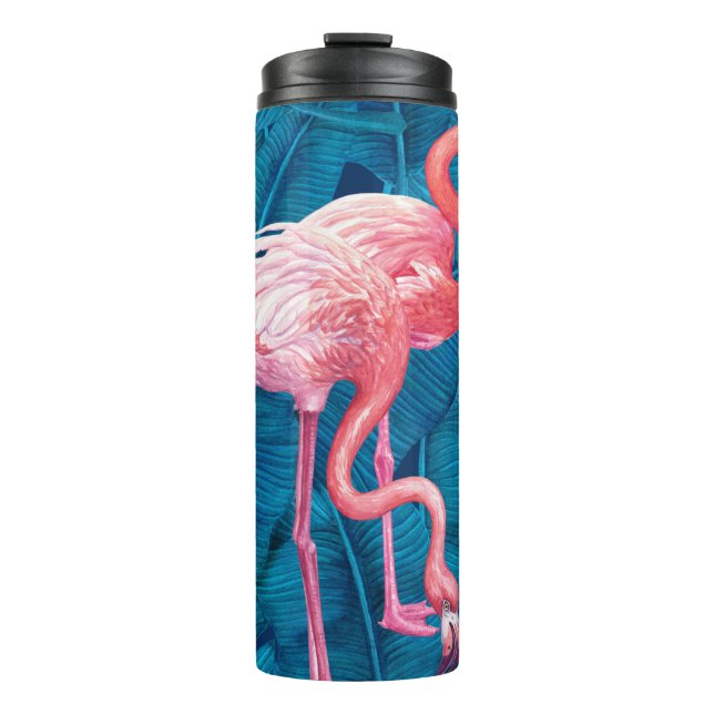 Flamingos on blue banana leaves thermal tumbler (Front)