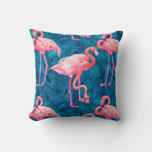 Flamingos on blue banana leaves throw pillow