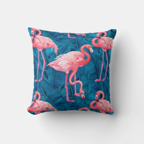Flamingos on blue banana leaves throw pillow