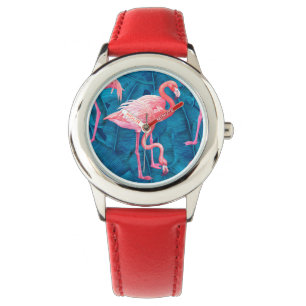 Flamingos on blue banana leaves watch
