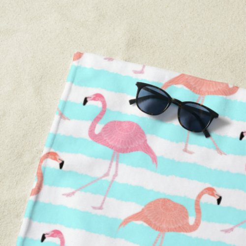 Flamingos on Blue Stripes Beach Towel