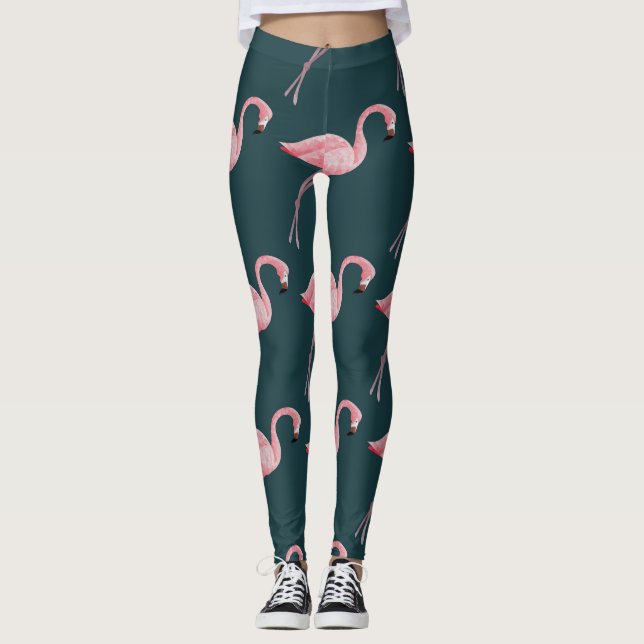 Flamingos on blue, vintage seamless pattern. leggings (Front)
