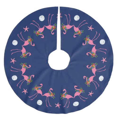 Flamingos on Navy Blue Christmas Tree Skirt