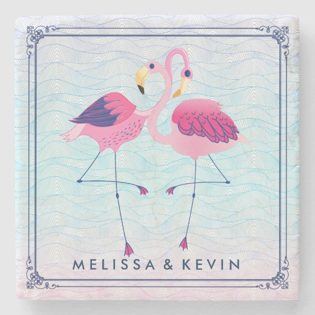 Flamingos On Stylized Abstract Beach Water-Waves Stone Coaster (Front)