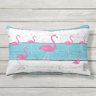 Flamingos on Turquoise & White Outdoor Pillow