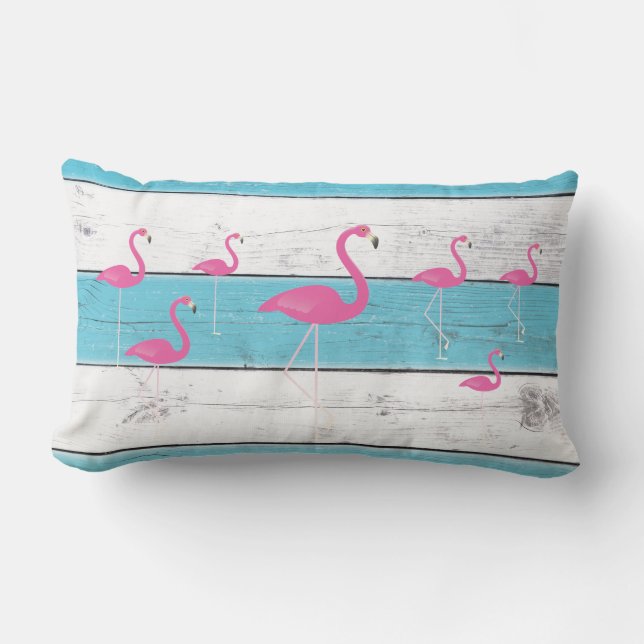 Flamingos on Turquoise & White Outdoor Pillow (Front)