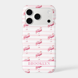 Flamingos on Watercolor Stripes Monogrammed iPhone 17 Pro Case