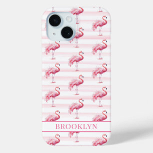 Flamingos on Watercolor Stripes Monogrammed iPhone 15 Case