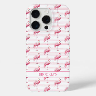 Flamingos on Watercolor Stripes Monogrammed iPhone 15 Pro Case