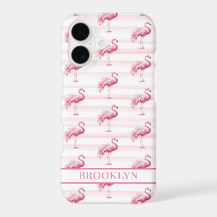 Flamingos on Watercolor Stripes Monogrammed iPhone 17 Case