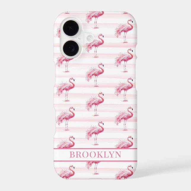 Flamingos on Watercolor Stripes Monogrammed Case-Mate iPhone Case (Back)