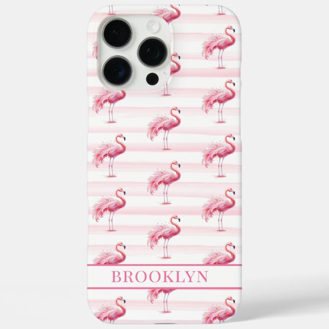 Flamingos on Watercolor Stripes Monogrammed Case-Mate iPhone Case (Back)
