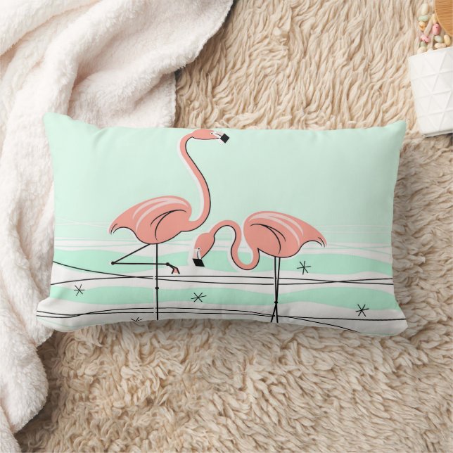 Flamingos Pair Aqua coral check back lumbar Pillow (Blanket)